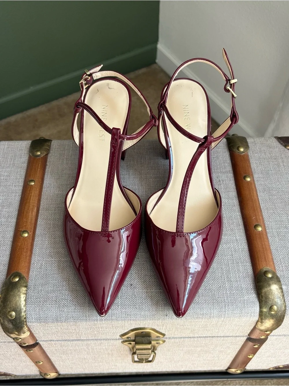 Nine West Burgundy Patent Leather T-Strap Pointed Heels